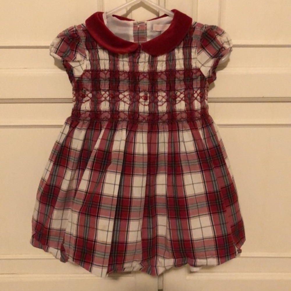 Janie and Jack Red Velvet Collar Smocked Plaid Dress